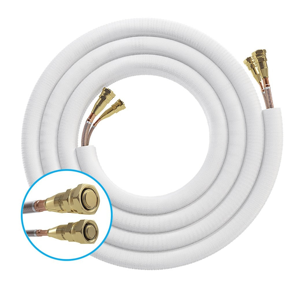 Insulated refrigerant line set with coiled white tubing and brass flare fittings