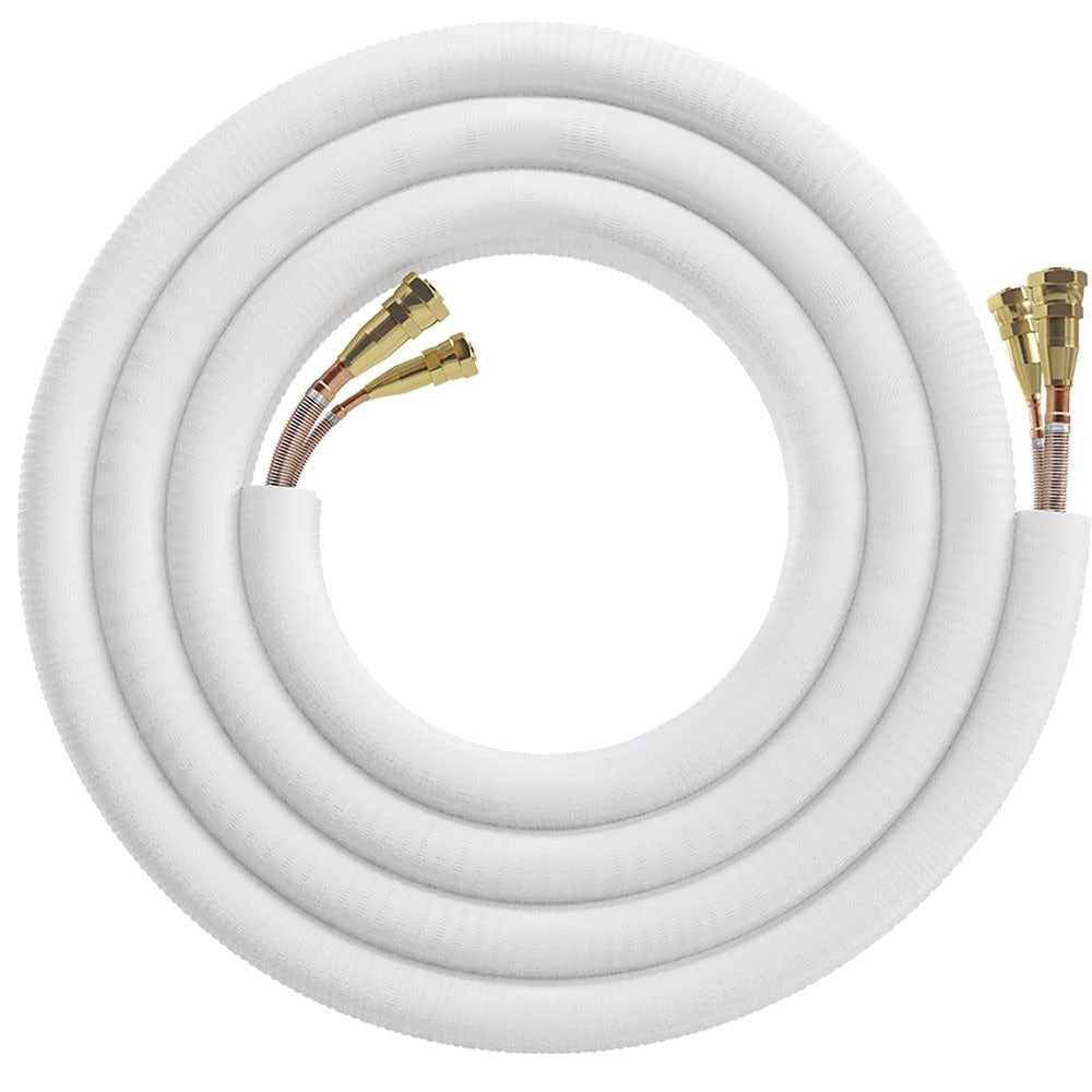 Coiled white refrigerant line set with brass flare fittings and insulated ends