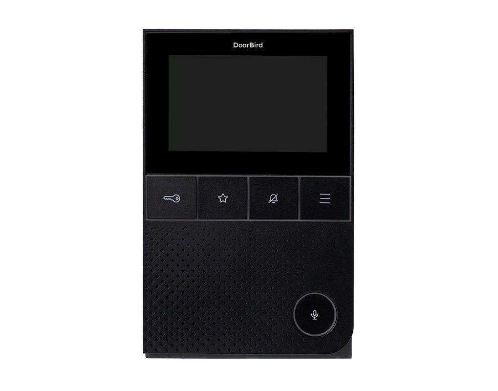 Black indoor video door station with blank screen and control buttons
