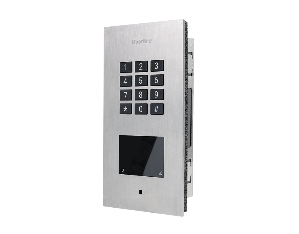 Stainless steel DoorBird access control panel with keypad and face screen