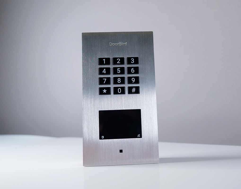 DoorBird stainless steel flush-mount access control device front view