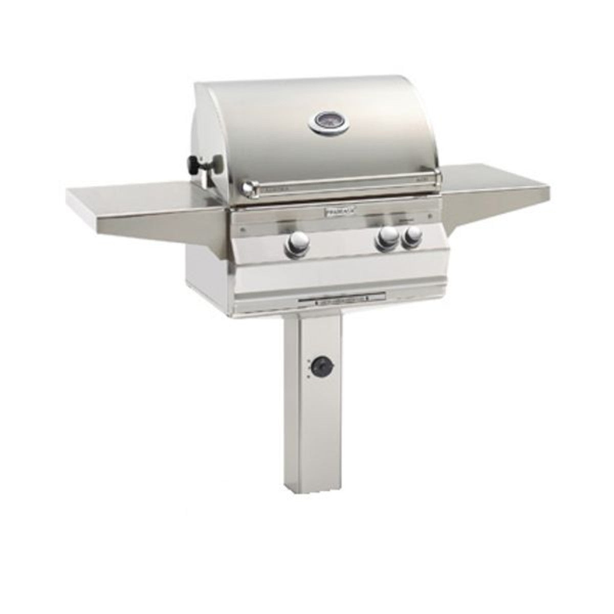 Stainless steel in-ground gas grill with side shelves and analog thermometer