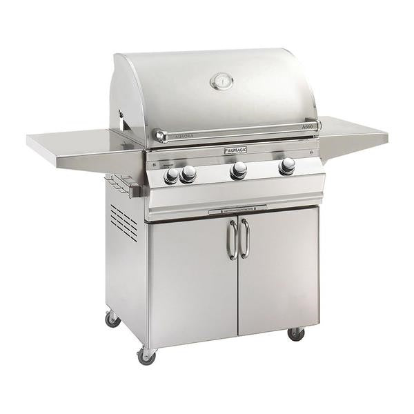 Freestanding gas grill with stainless steel body, lid, analog thermometer, front knobs