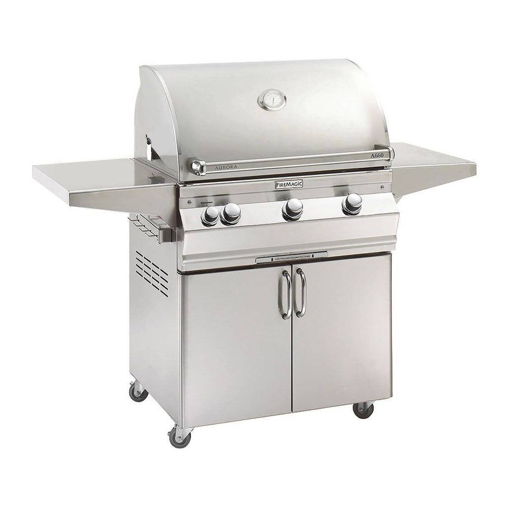Stainless steel freestanding natural gas grill with analog thermometer and control knobs