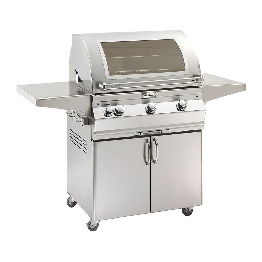 Freestanding gas grill with Magic View window and control knobs, stainless steel