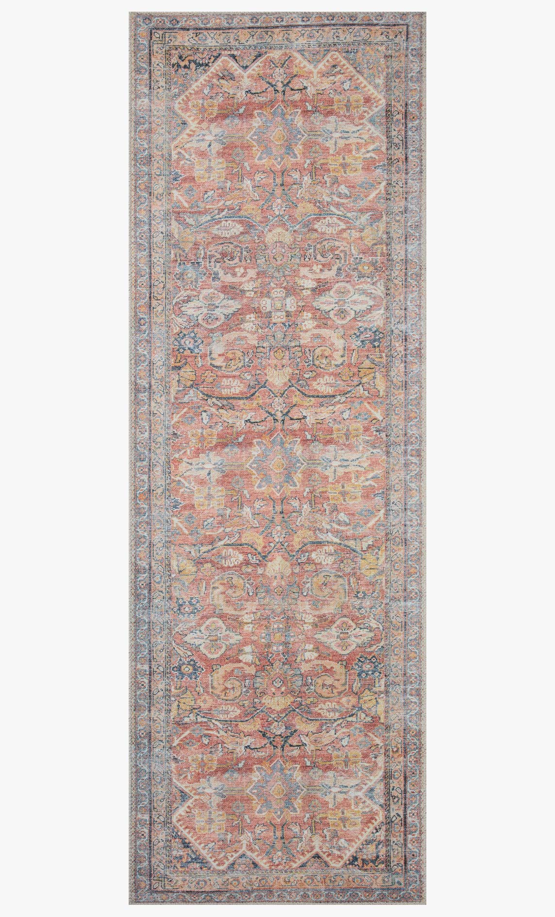 Traditional power-loomed rug with vertical layout and ornate rust and denim pattern.