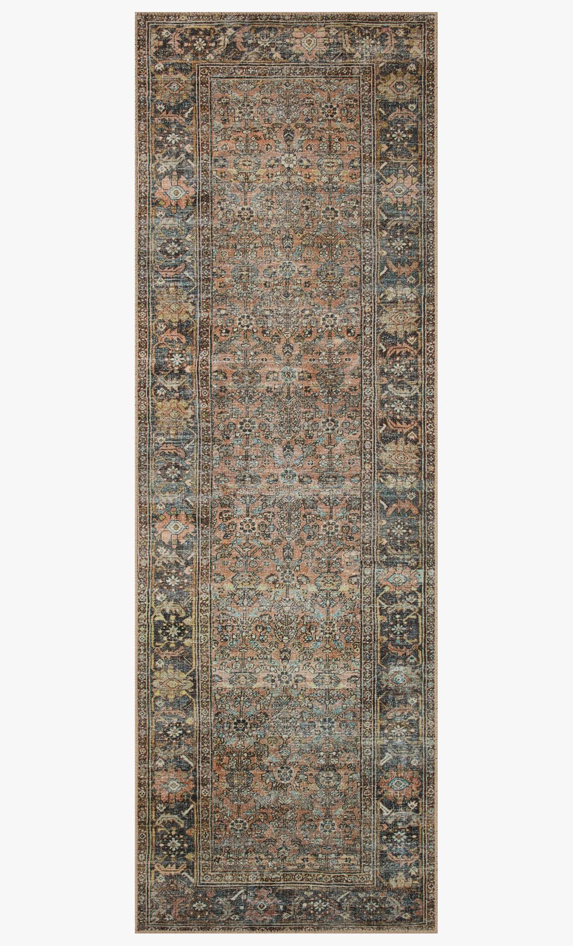 Rectangular multicolor traditional rug with central medallion and detailed border in terracotta tones