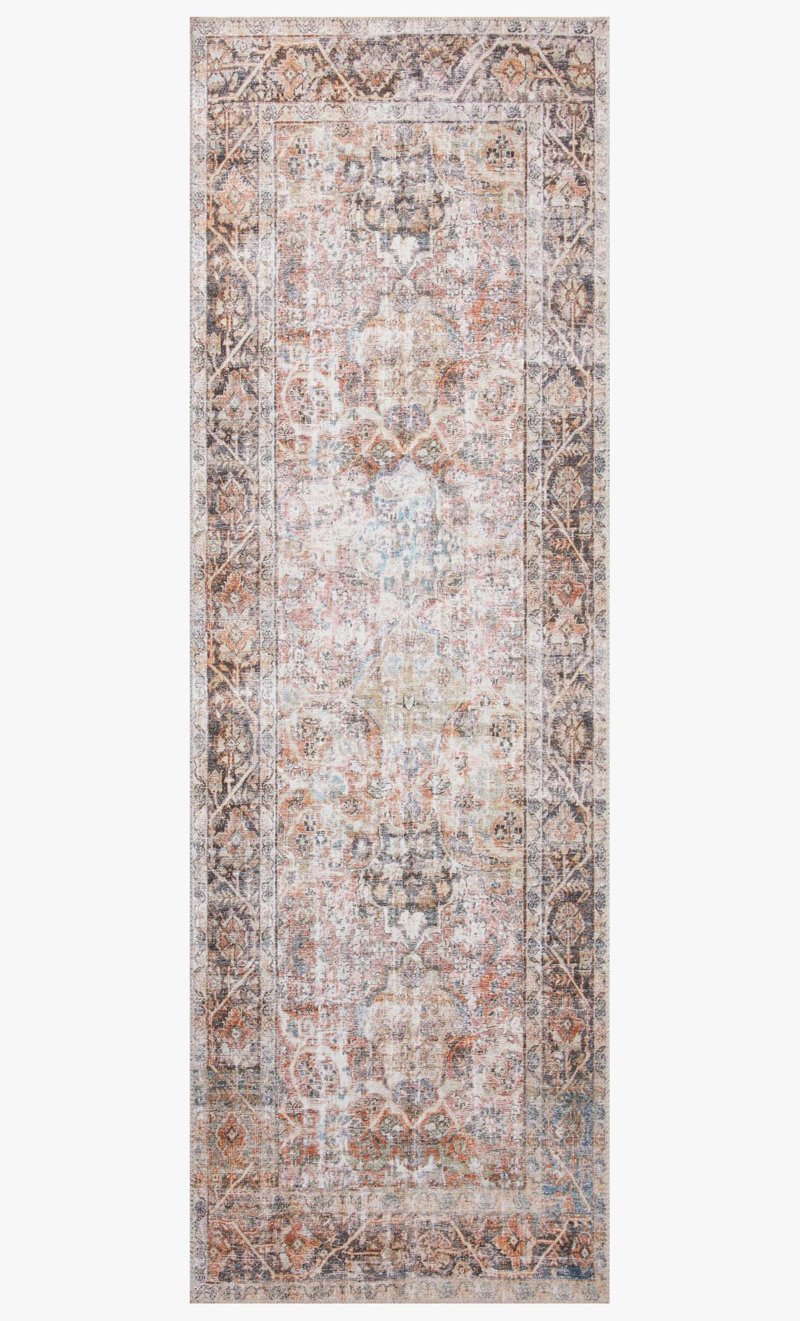 Traditional power-loomed rug upright view with distressed pattern in ivory and rust accents.
