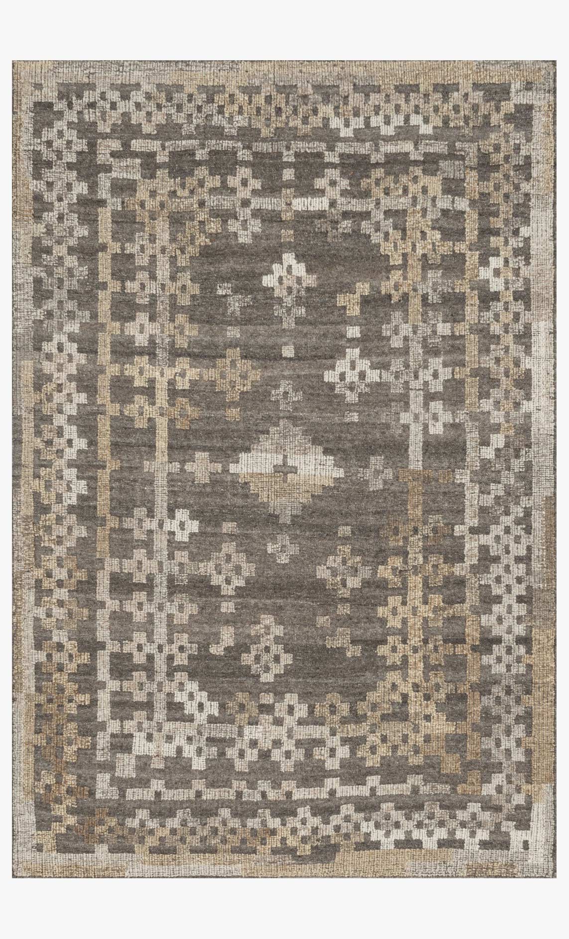Charcoal and taupe hand-woven rug with abstract geometric pattern, rectangular