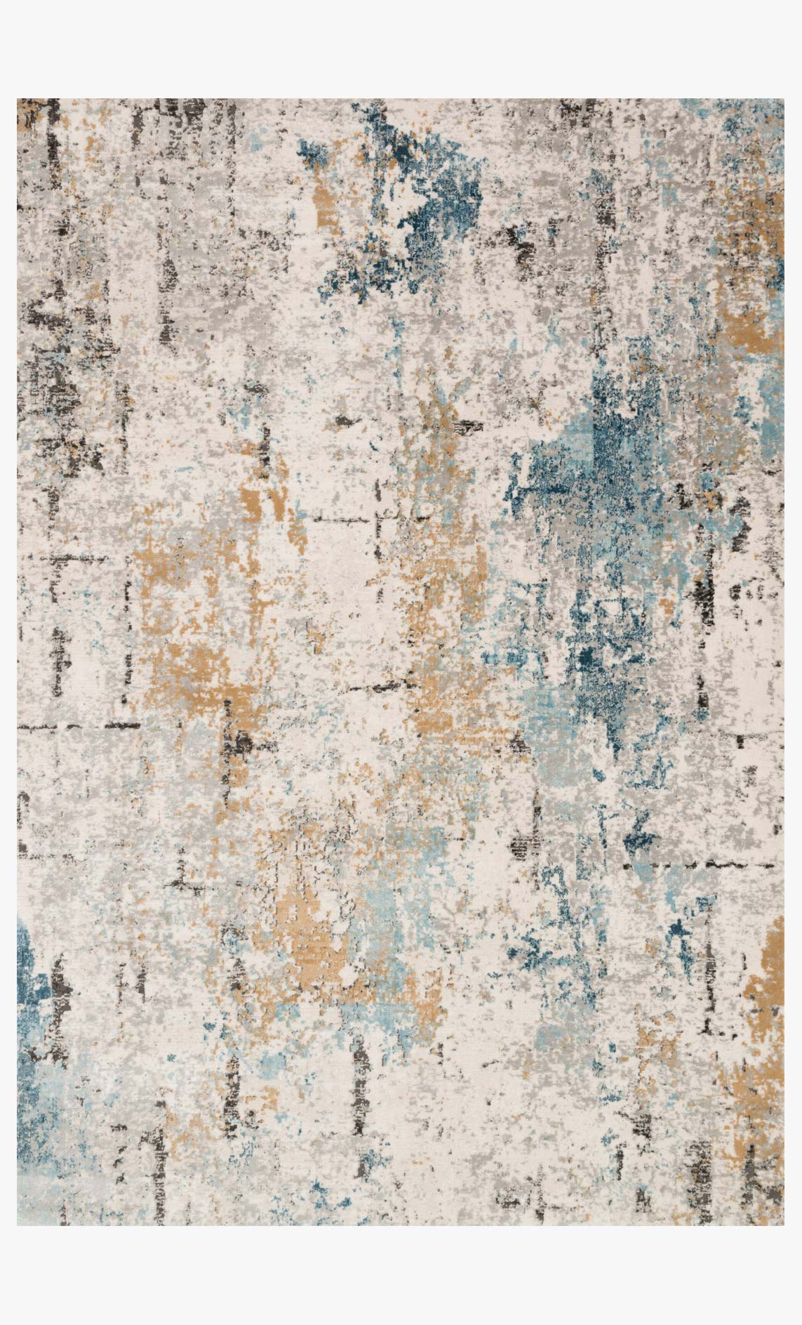 Stone-and-slate power-loomed rug with distressed abstract pattern in cream, blue, gray.
