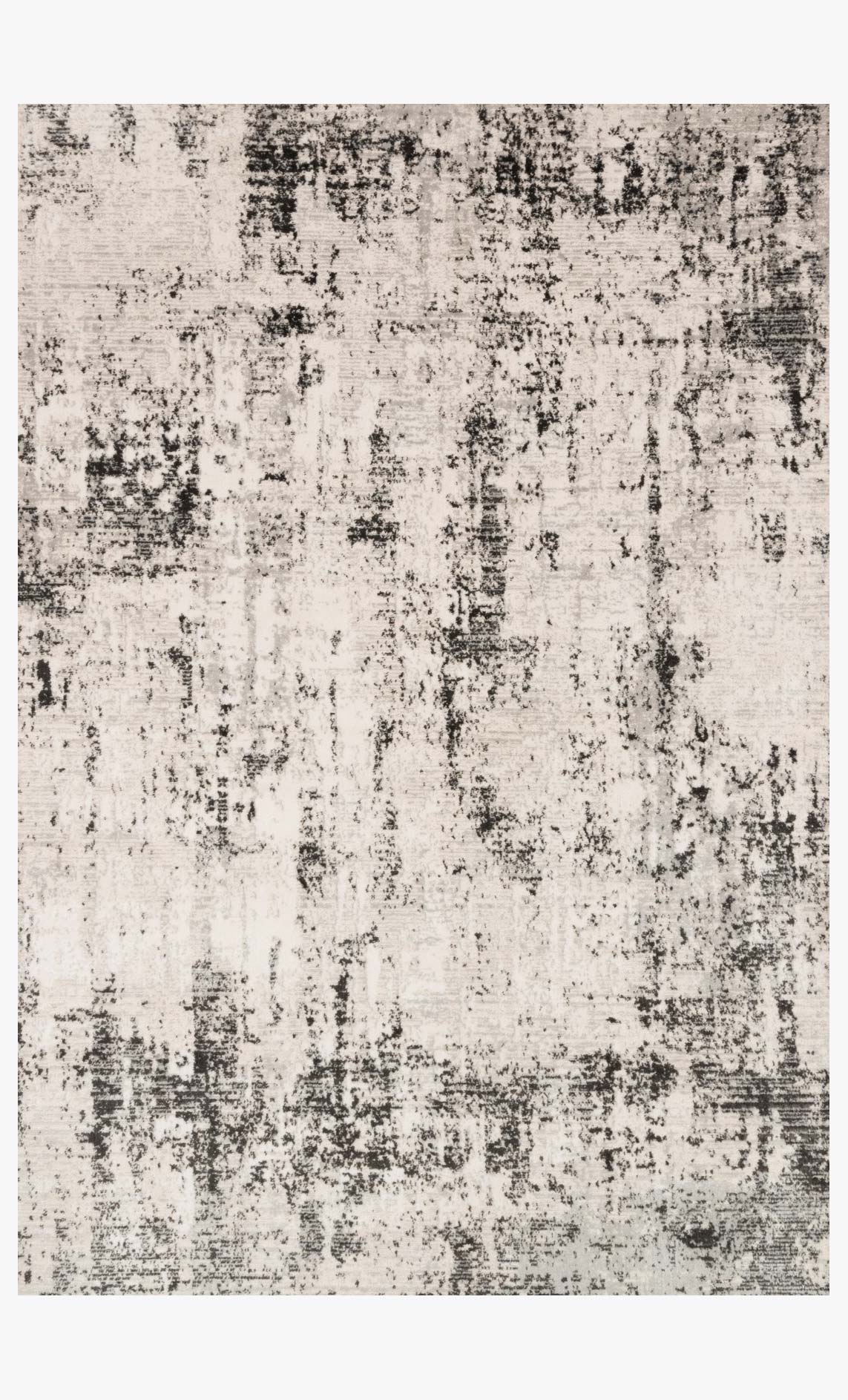 Power-loomed rug with abstract distressed pattern, silver base and graphite dark marks