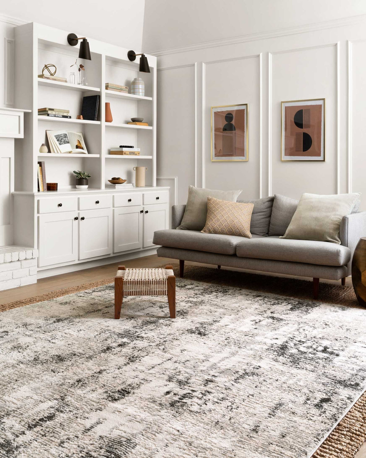 Power-loomed rug with silver and graphite abstract texture, distressed lines and speckles
