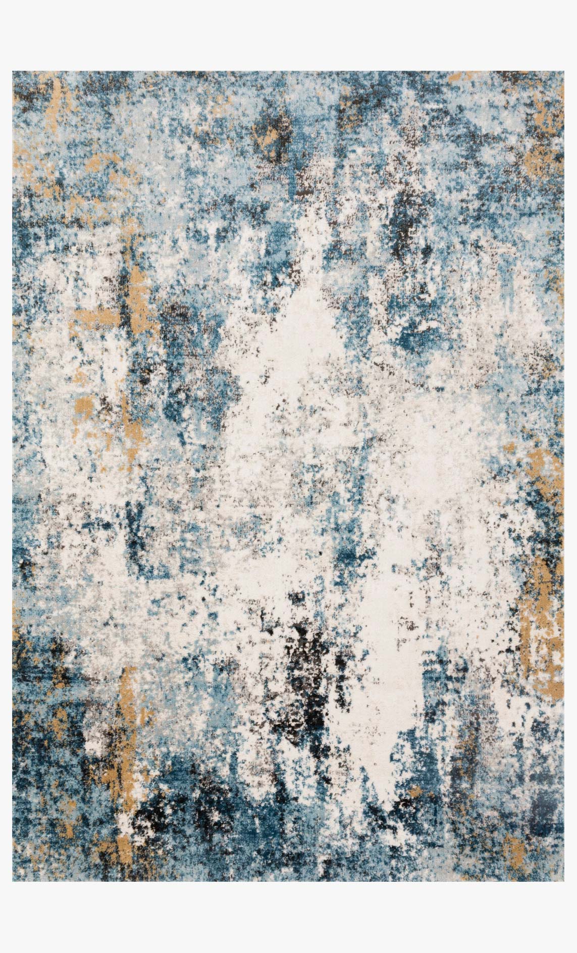 Power-loomed abstract rug in denim blue and ivory with distressed speckle pattern