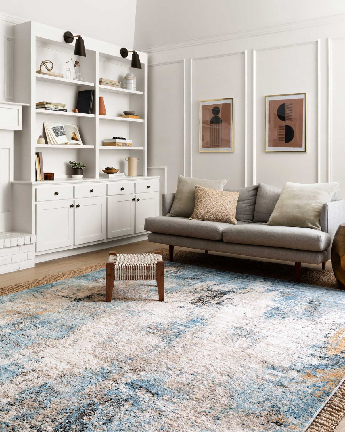 Rectangular power-loomed rug in denim blue and ivory with mottled abstract texture