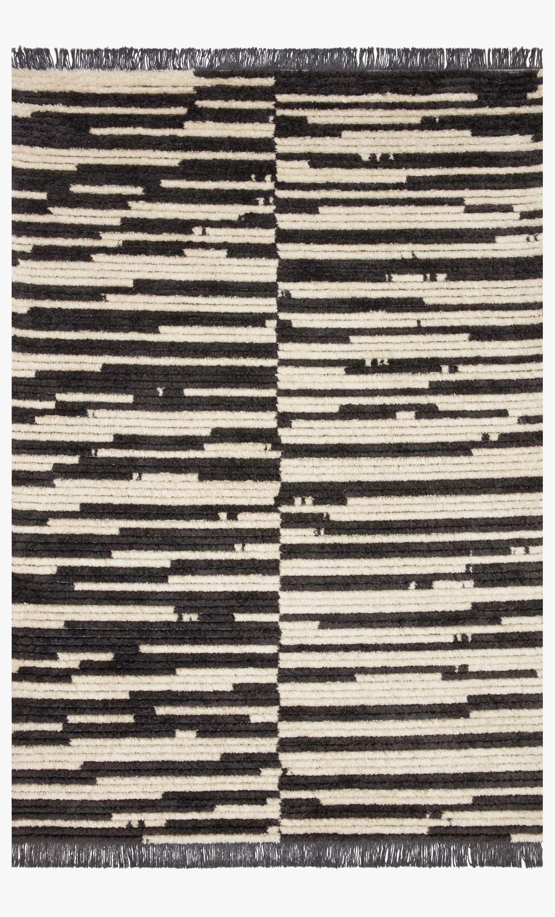 Cream and charcoal power-loomed rug with geometric striped pattern and fringed edges