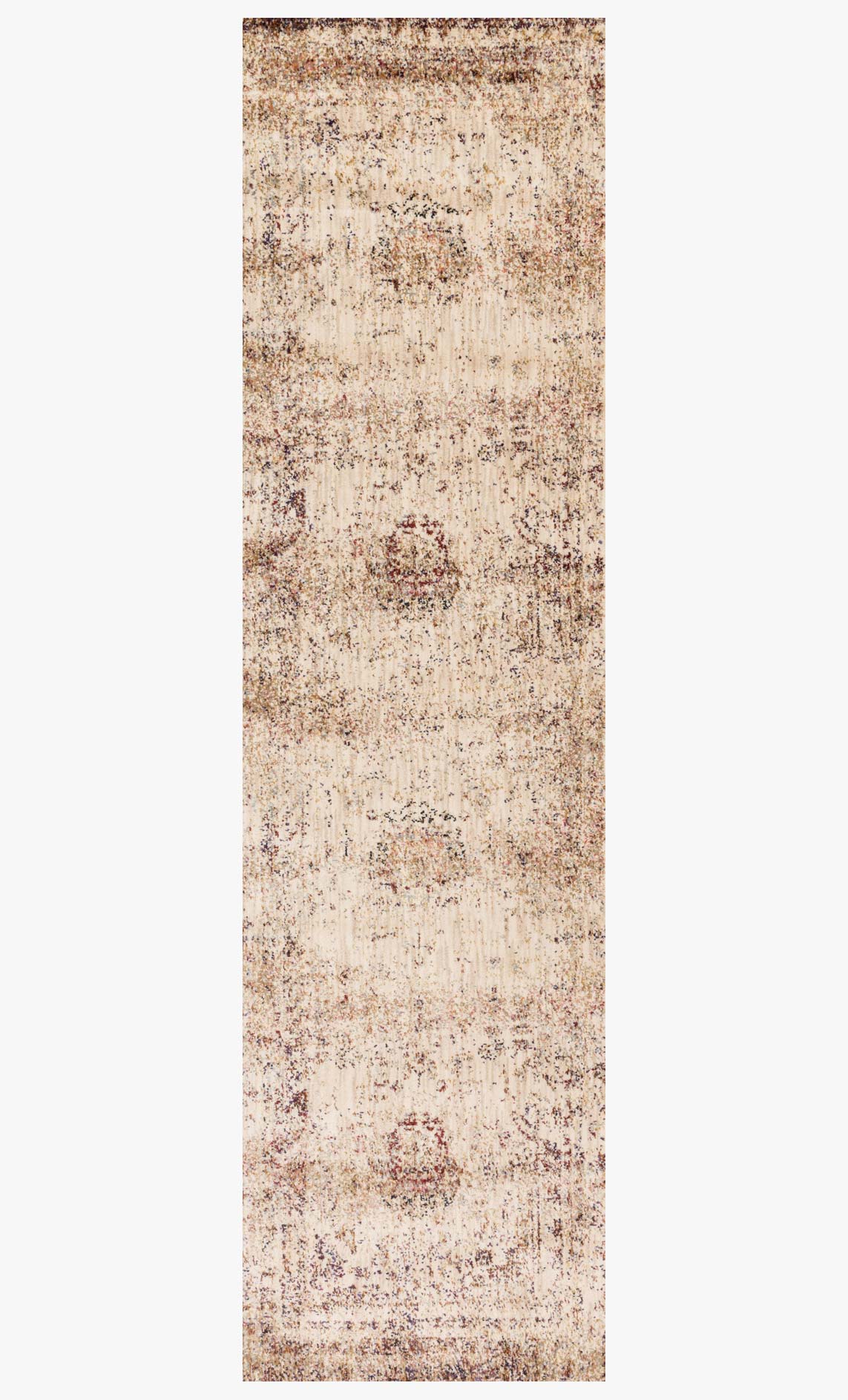 Ivory rectangular rug with faded ornamental medallion and distressed pattern
