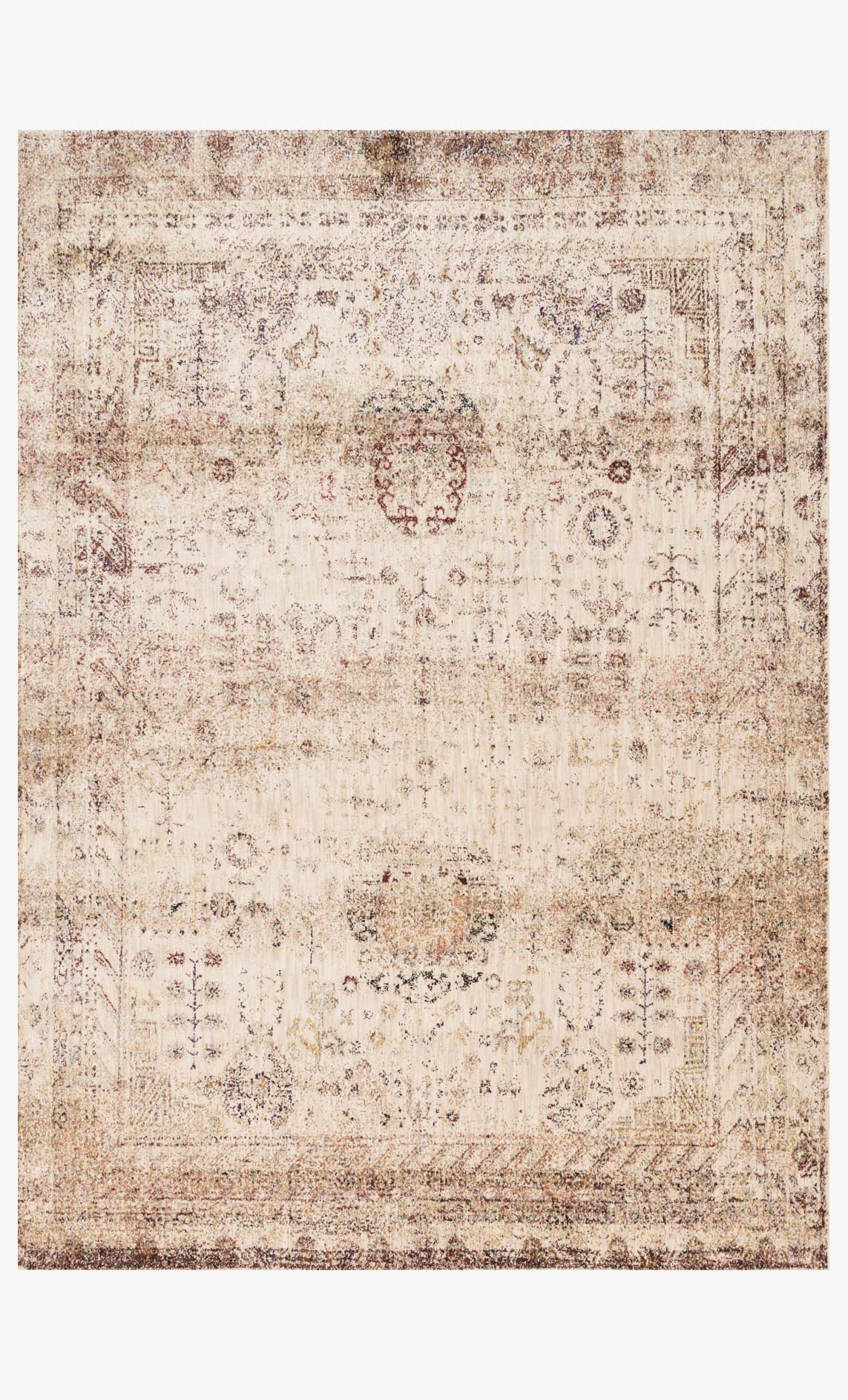 Ivory power-loomed transitional rug with distressed medallion and geometric pattern