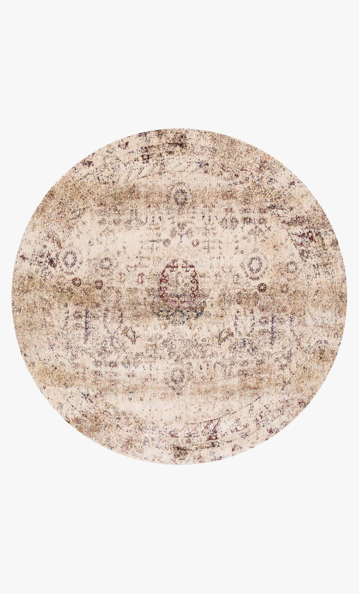 Ivory round rug with distressed central medallion and vintage geometric pattern