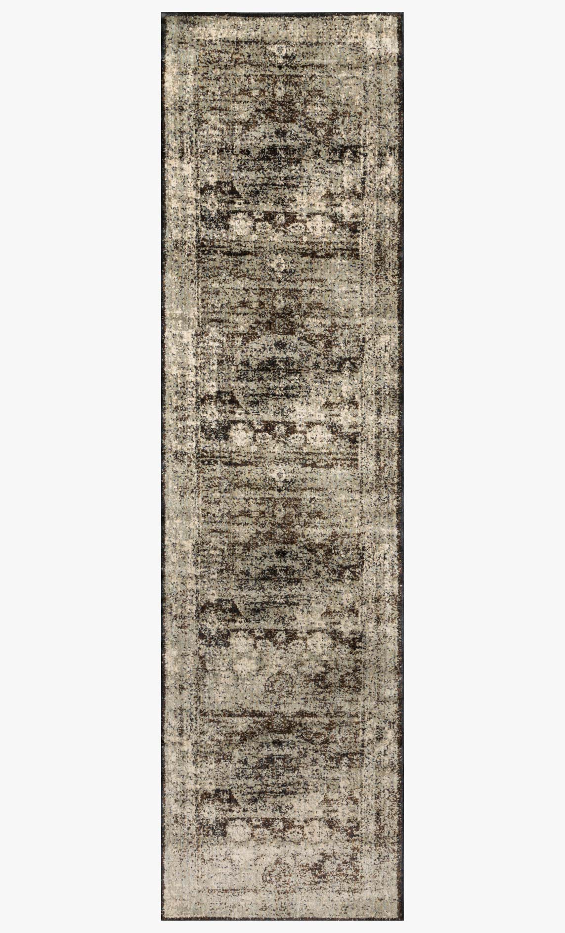 Runner rug with distressed abstract motifs on gray-beige background