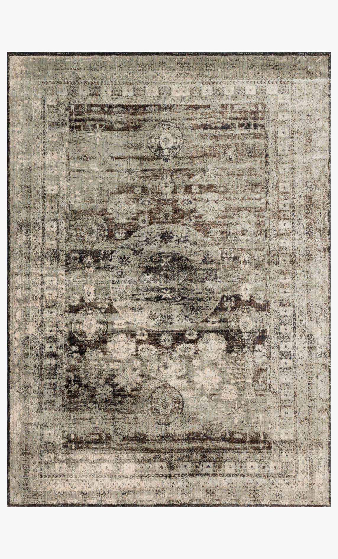 Transitional power-loomed rug with distressed abstract pattern, gray granite border
