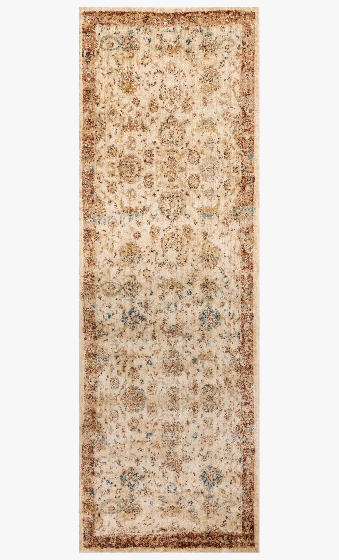 Tall runner rug in antique ivory with rust border and faded ornate motifs