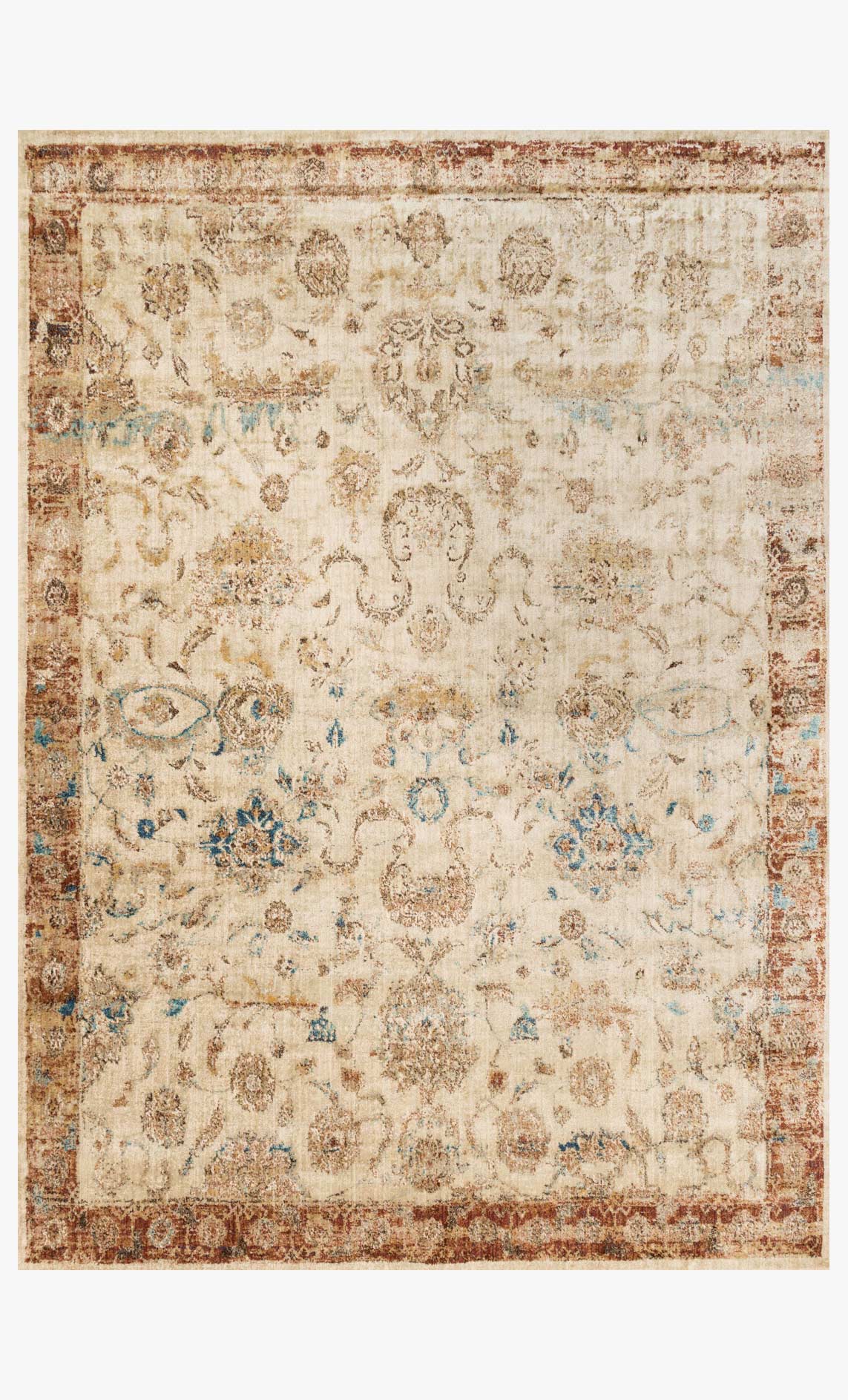 Antique ivory power-loomed rug with rust border and faded ornate medallion pattern