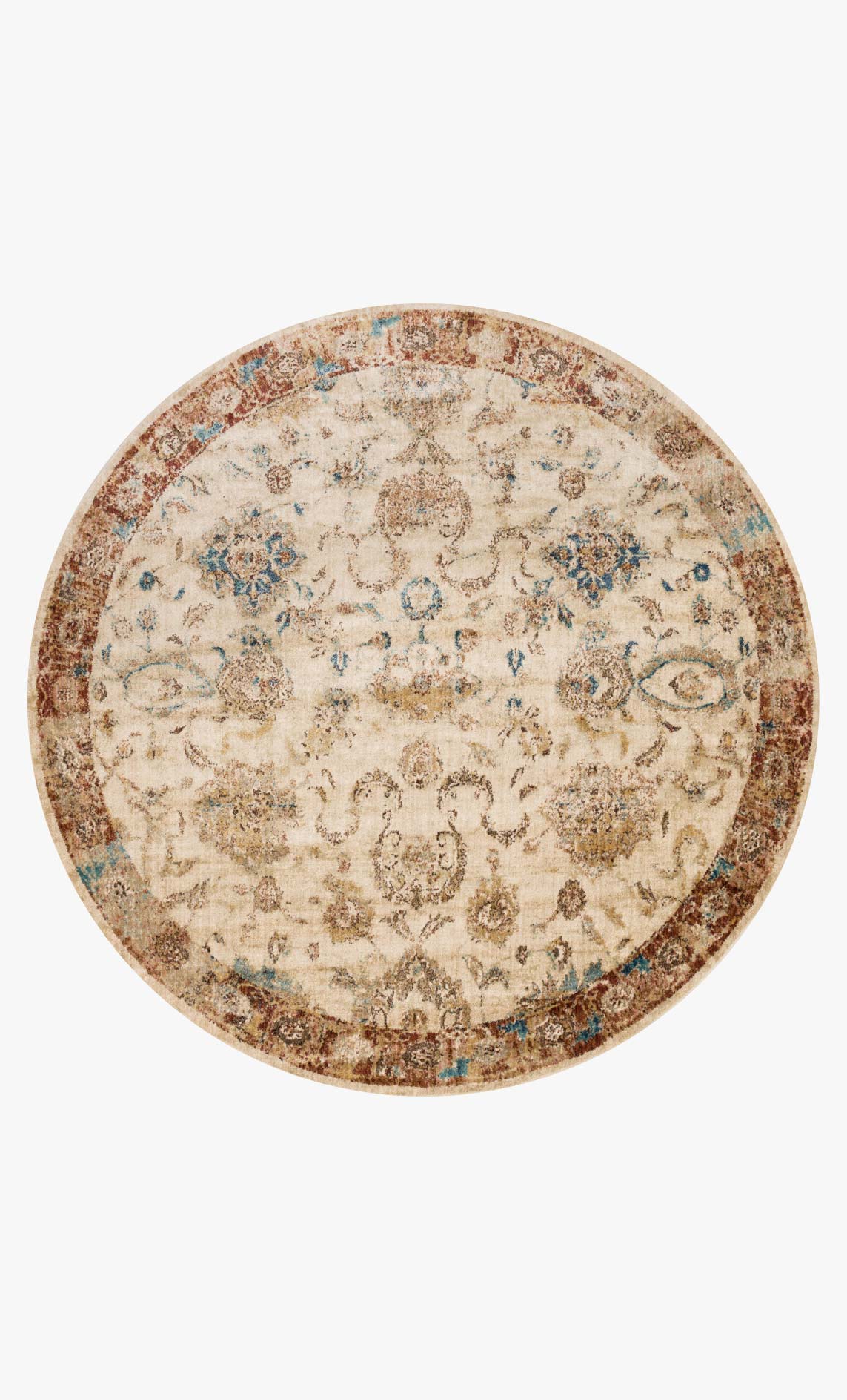 Round area rug in antique ivory with rust edge and blue patterned medallion
