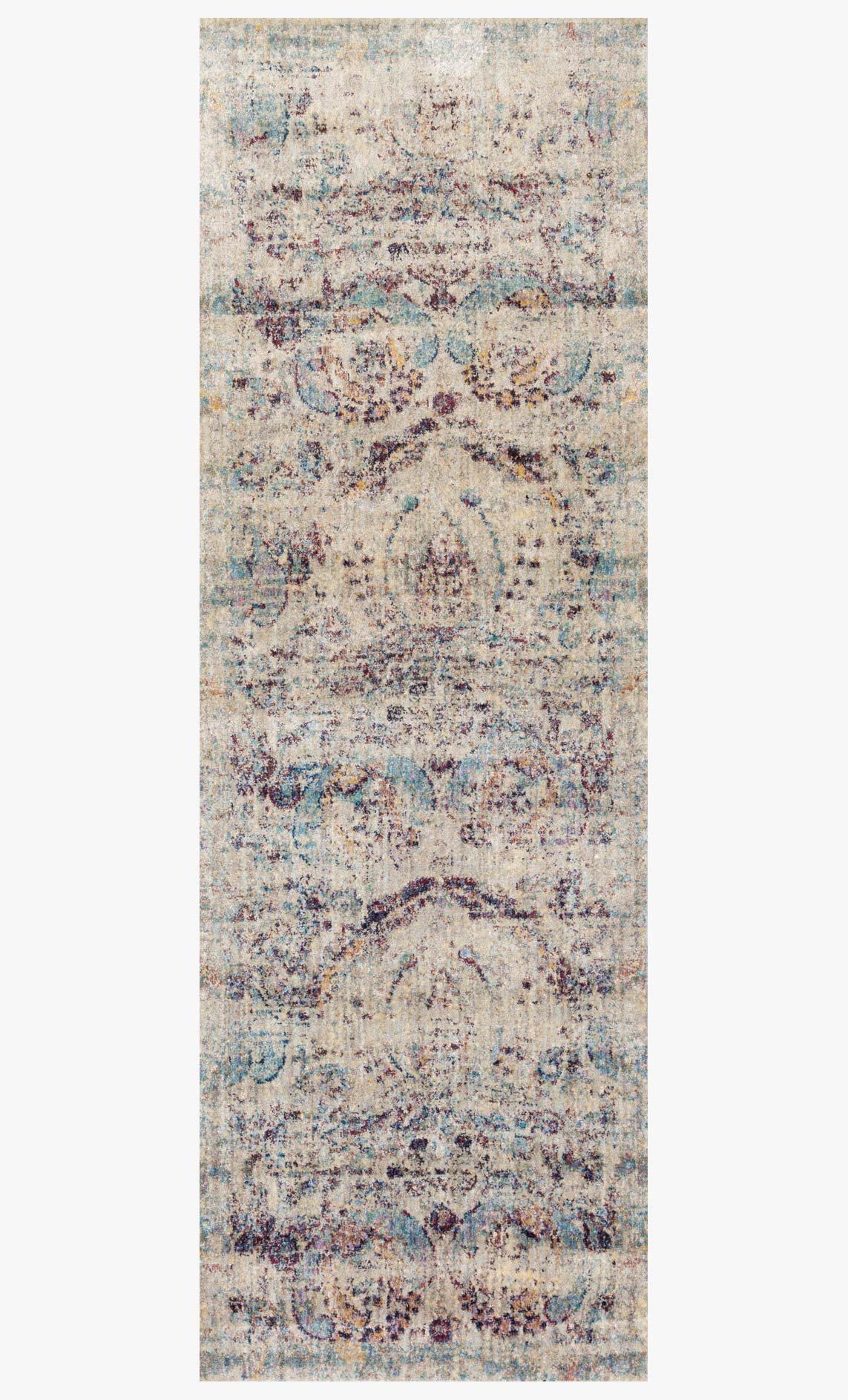 Silver and plum abstract rectangular rug with distressed ornament pattern, flat weave