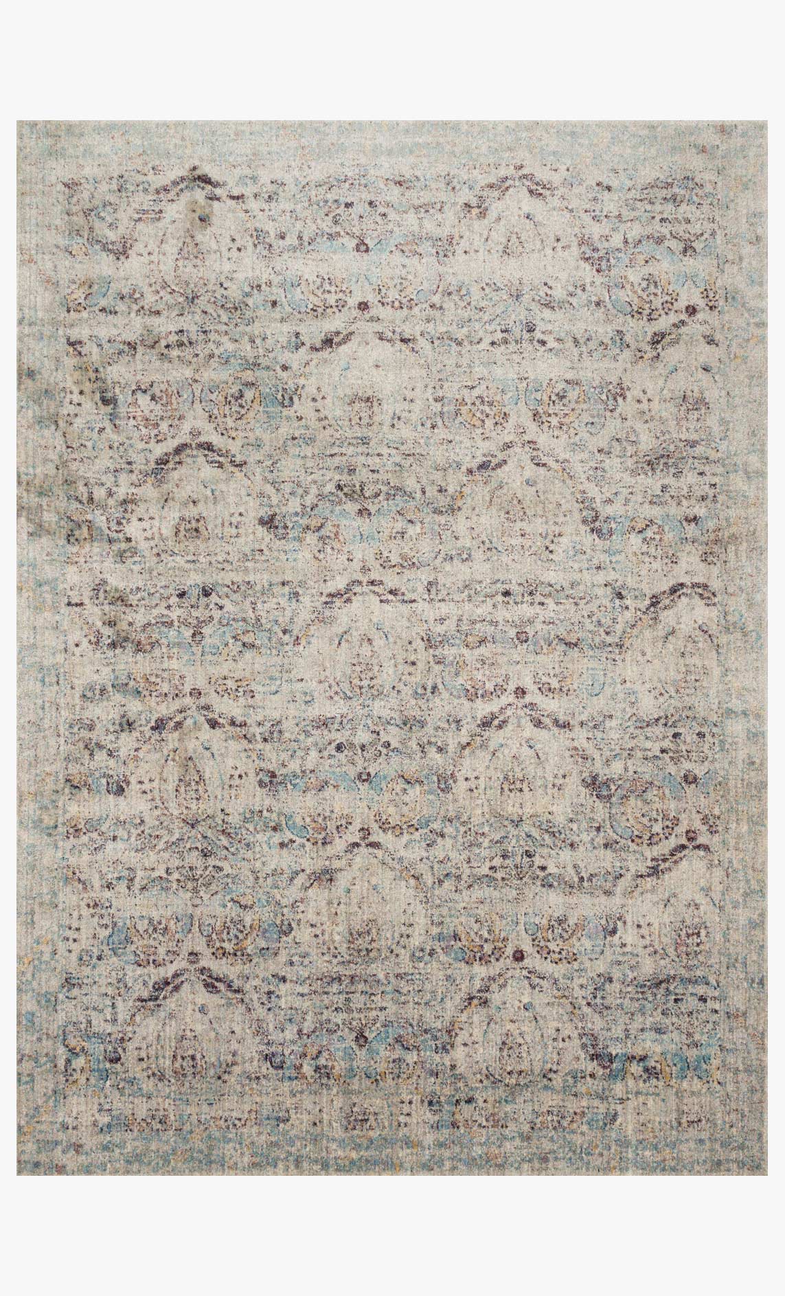 Transitional power loomed rug in silver, plum and blue abstract pattern, rectangular