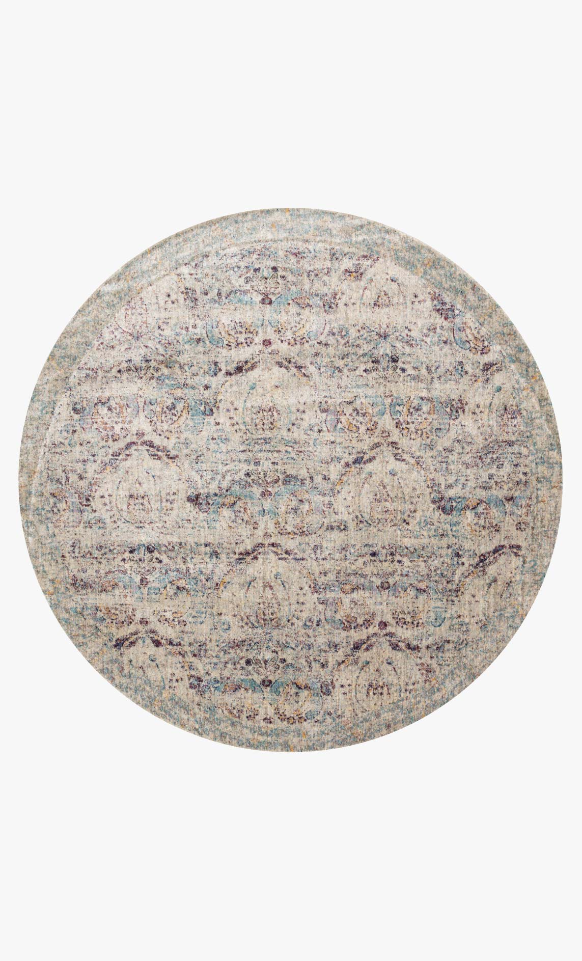 Round silver, plum and blue abstract rug with speckled texture and ornate motif