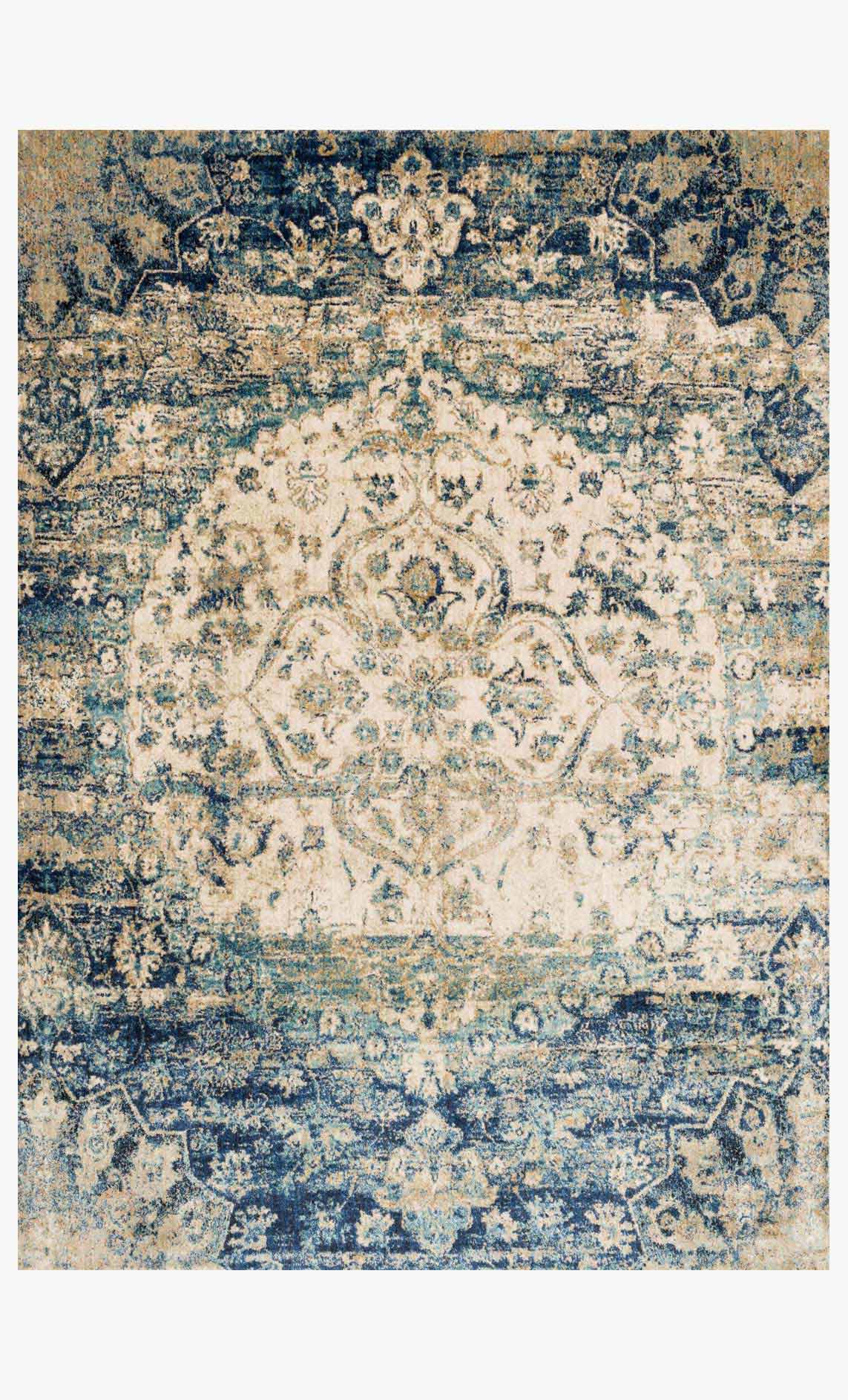 Blue and ivory transitional rug with ornate medallion pattern and distressed detailing