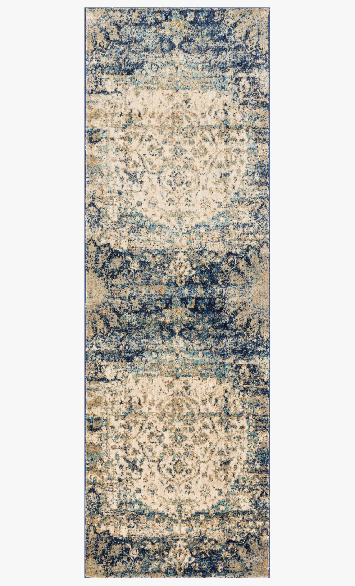 Blue and ivory power-loomed rug with distressed medallion design and patterned border