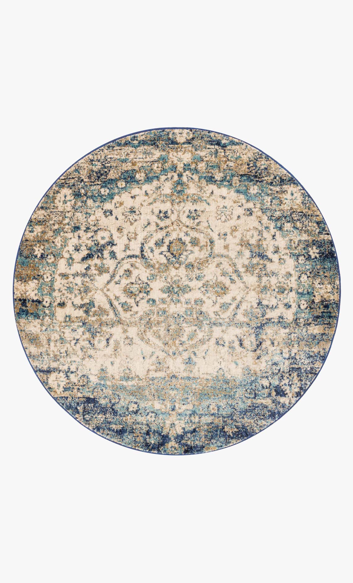 Round blue and ivory rug with ornate medallion and distressed speckle pattern