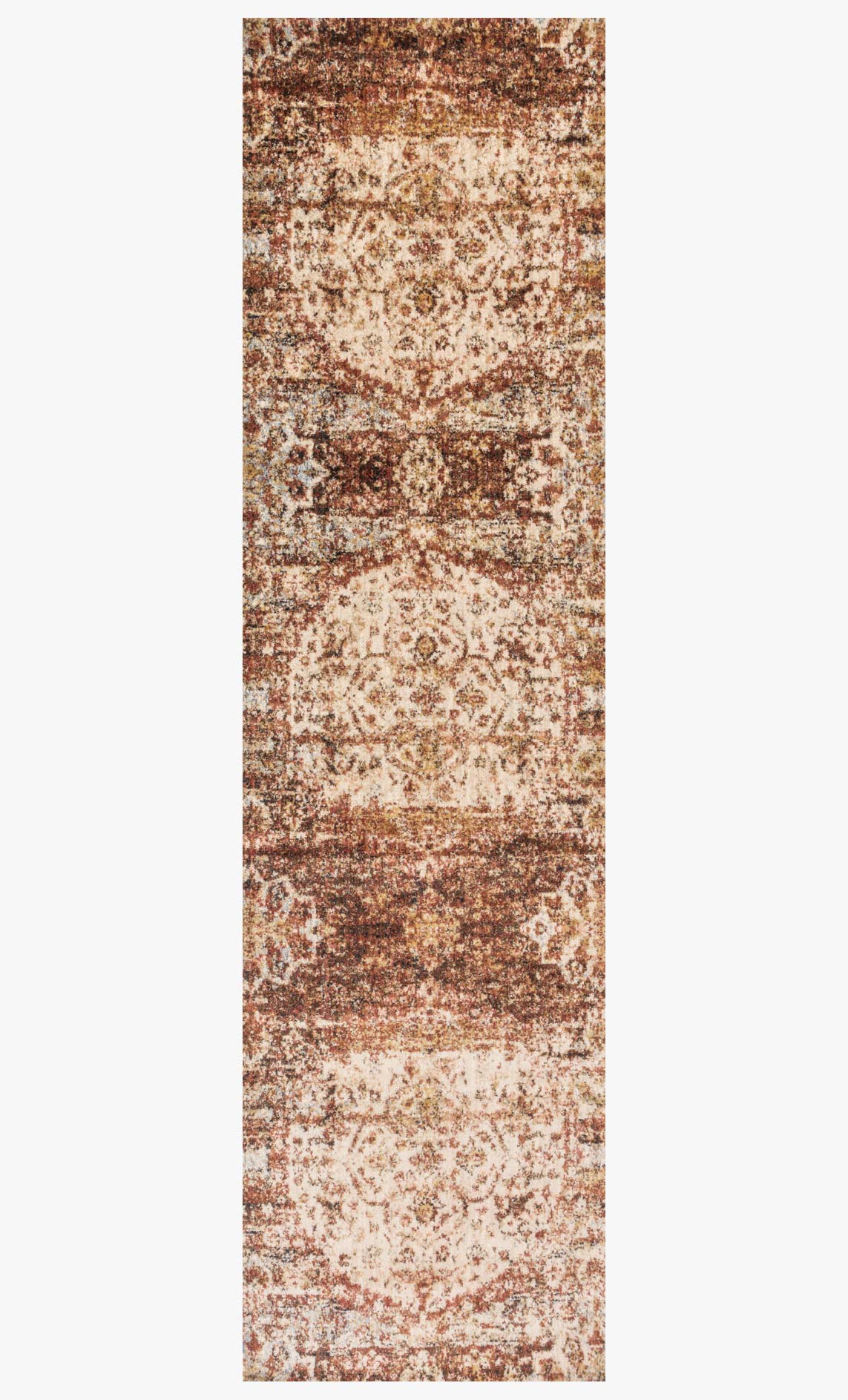 Rust and ivory transitional rug runner with repeating ornate banded motifs
