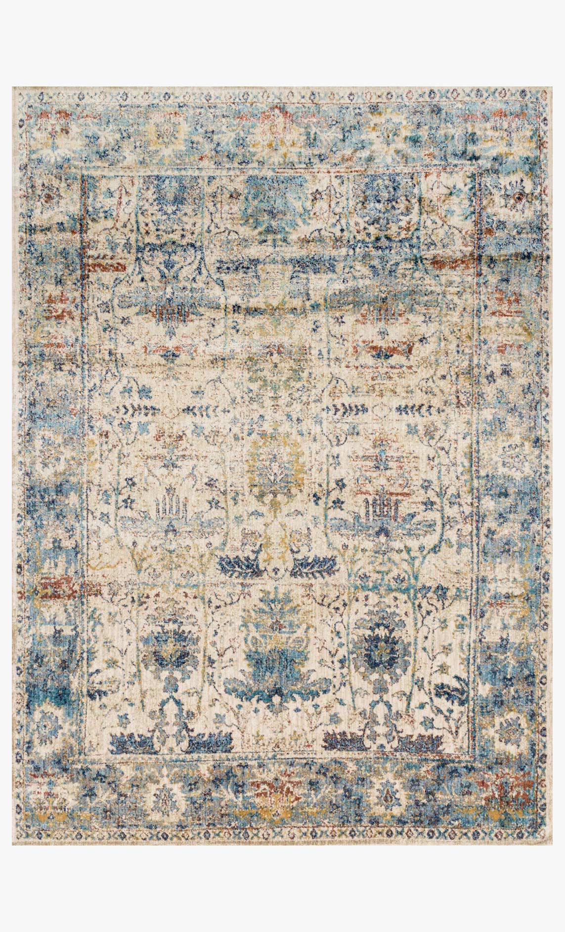 Sand and light blue transitional power-loomed rug with ornate distressed pattern