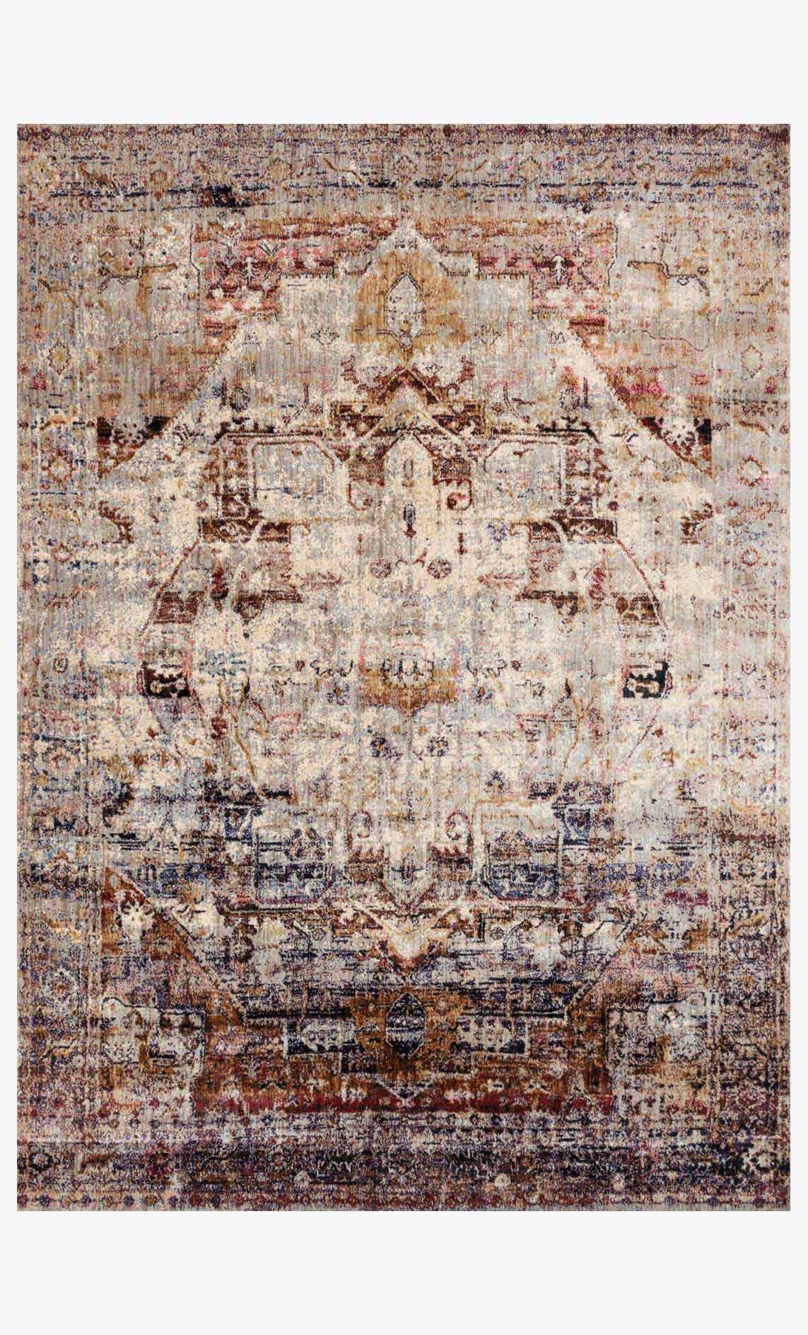 Rectangular transitional rug with distressed multicolor medallion motif on slate background