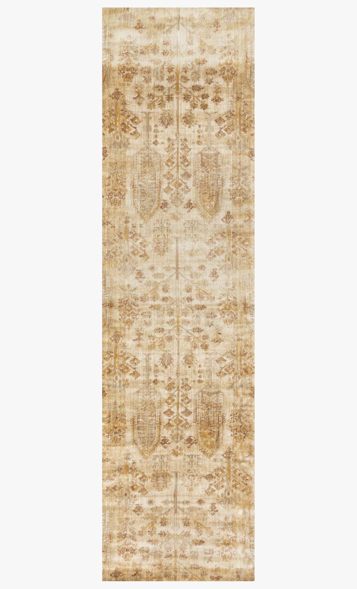 Transitional power-loomed area rug in ivory and gold with ornate vertical medallion pattern.
