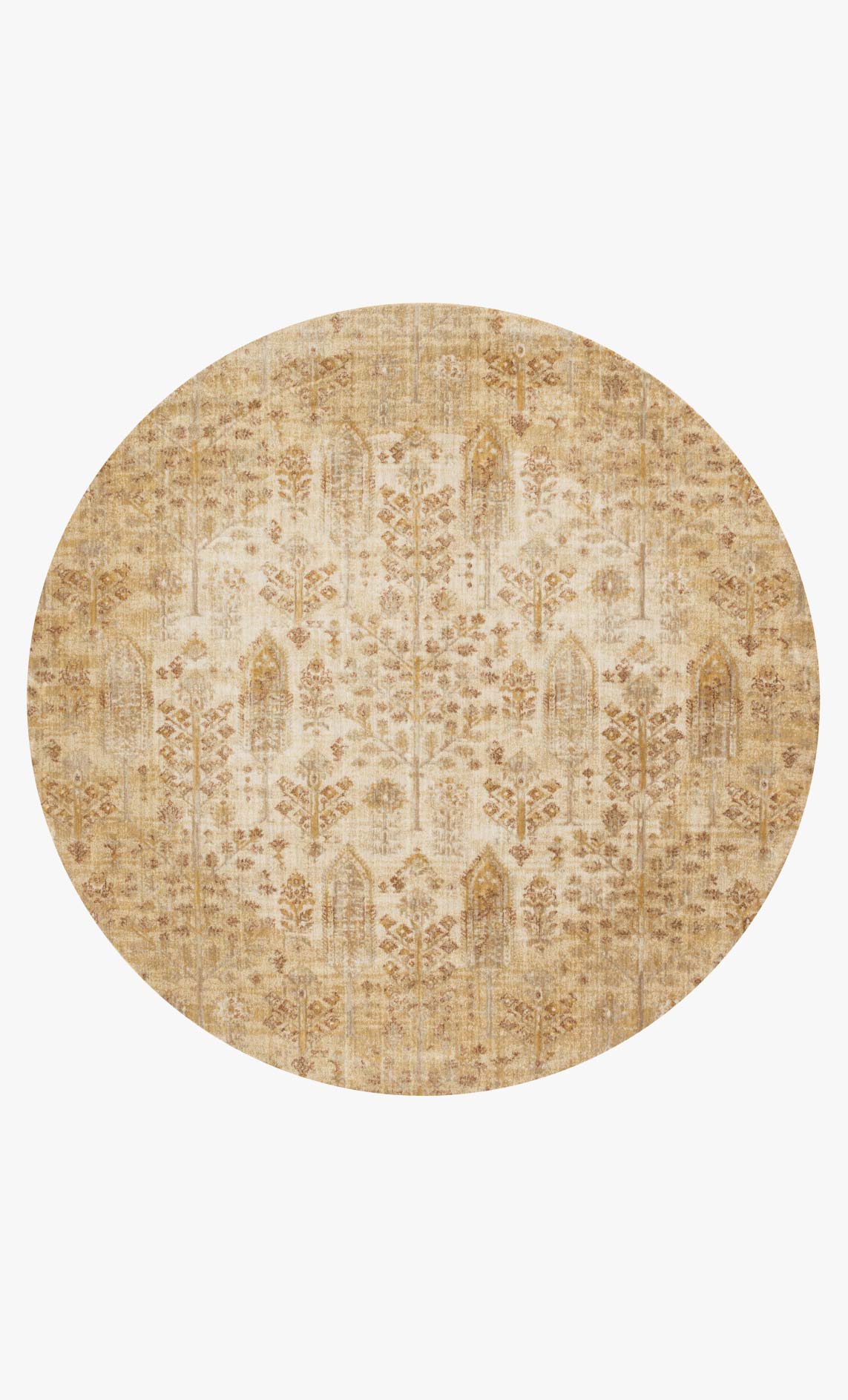 Round transitional rug in ivory and gold with ornate damask motif.
