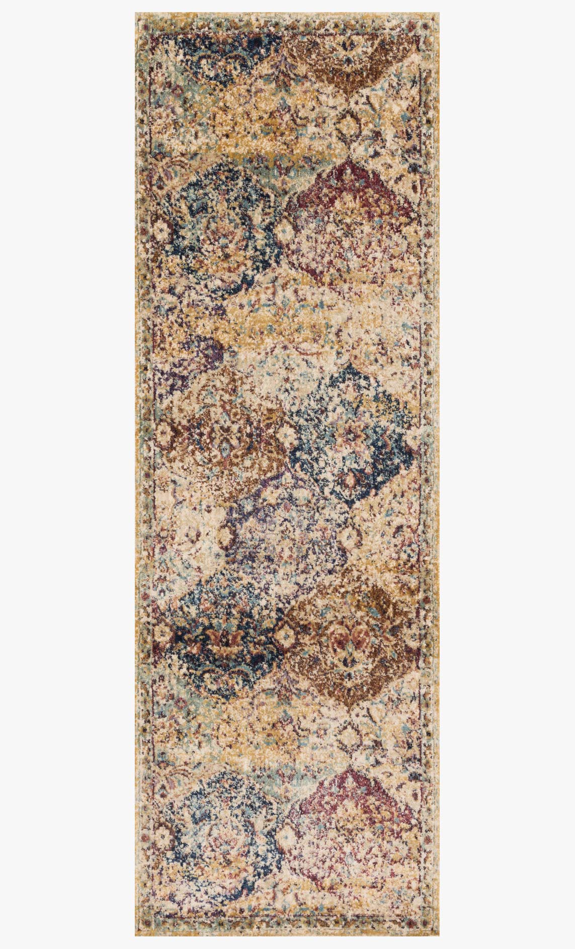 Ivory rug with abstract floral damask pattern in blue, gold, and plum, bordered