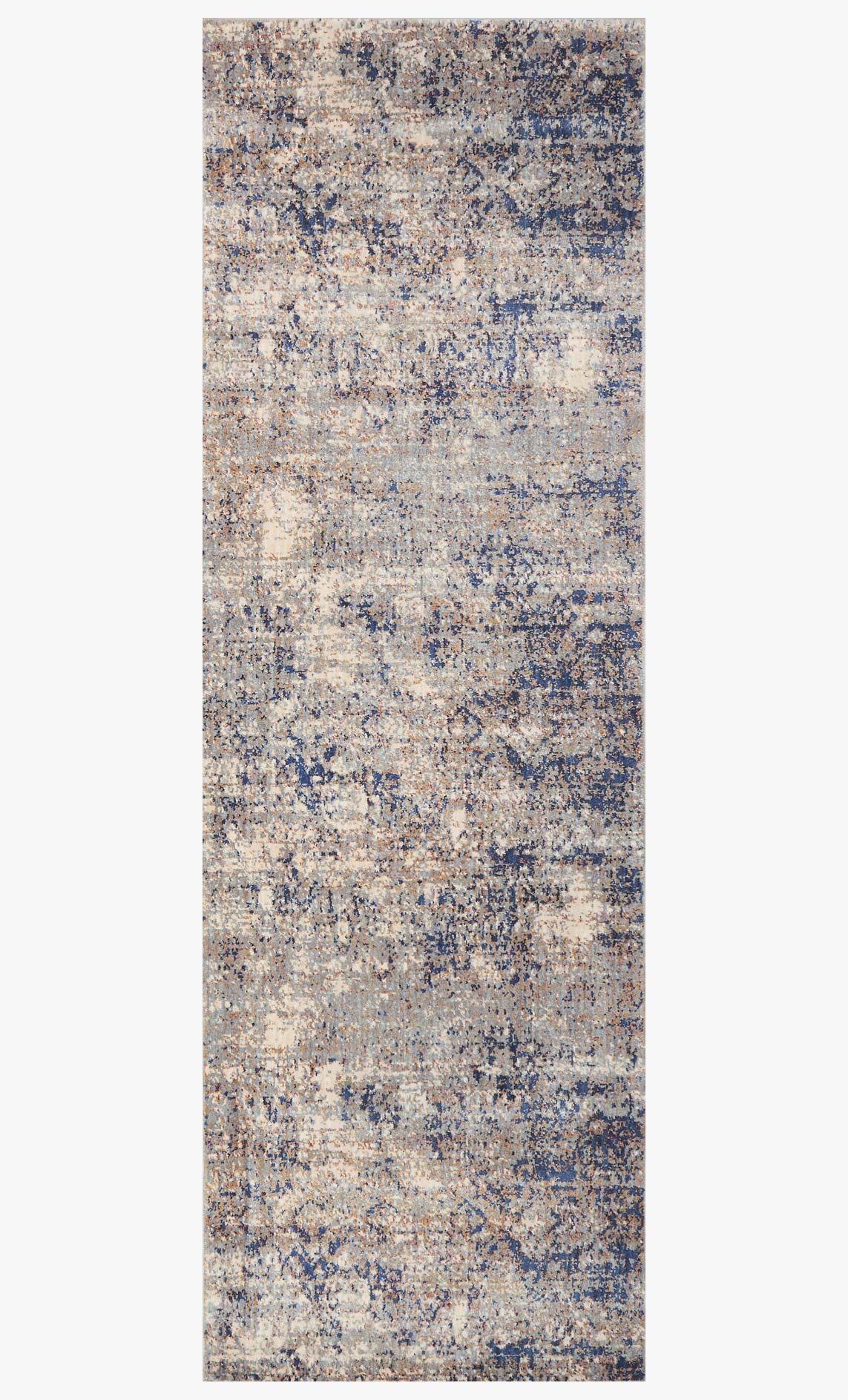 Vertical view of transitional power-loomed area rug, mist base with blue abstract motifs.