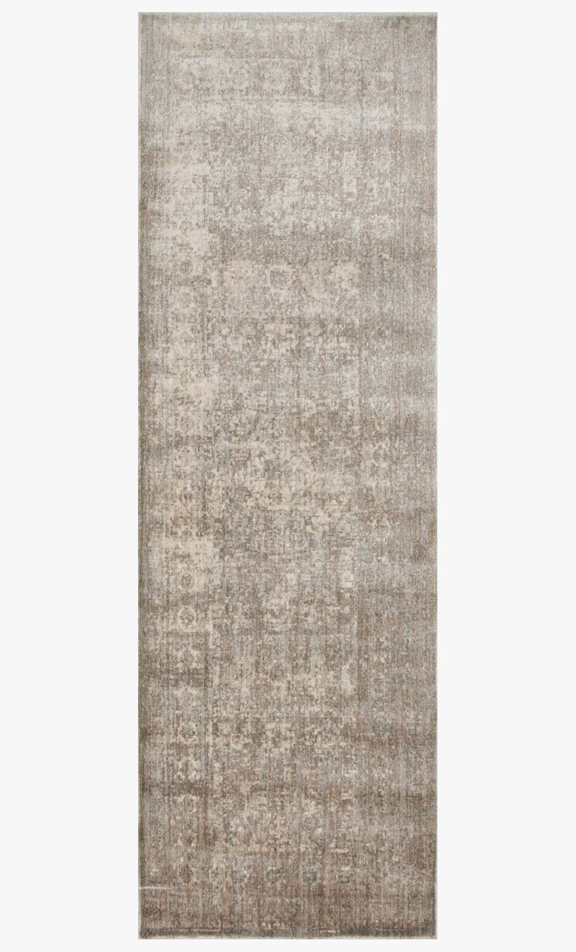 Transitional power-loomed area rug, tall rectangle with faded grey pattern and sage highlights