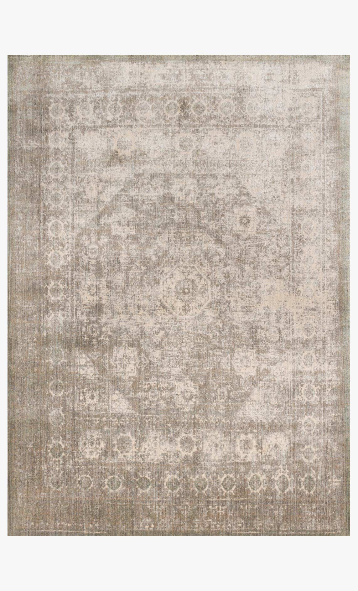Transitional power-loomed rug with grey and sage distressed medallion pattern