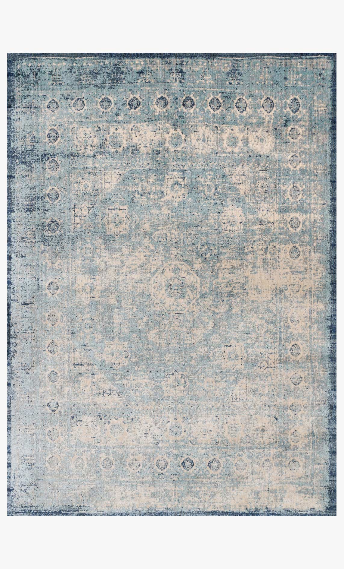 Light blue and ivory power-loomed rug with distressed geometric medallion pattern