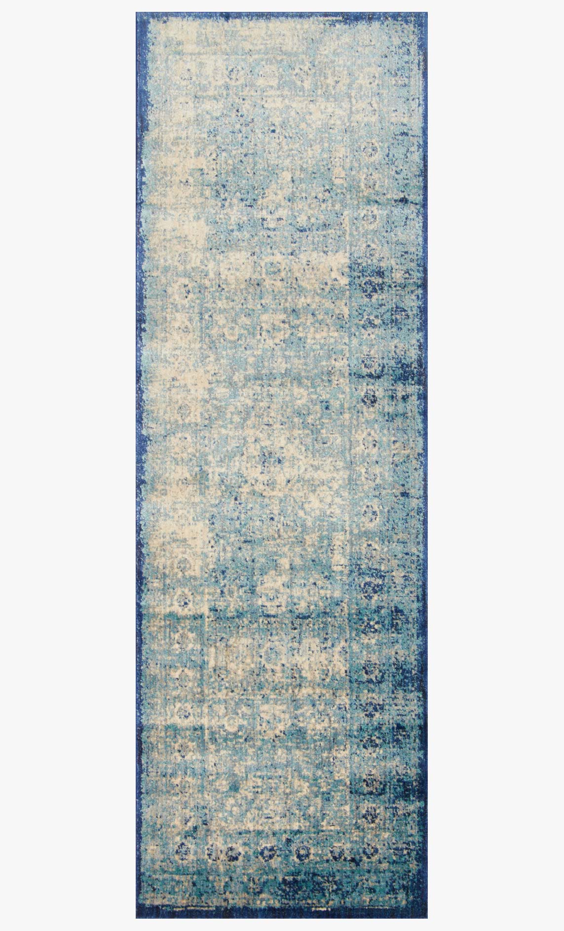 Light blue and ivory power-loomed rug with distressed geometric medallion pattern