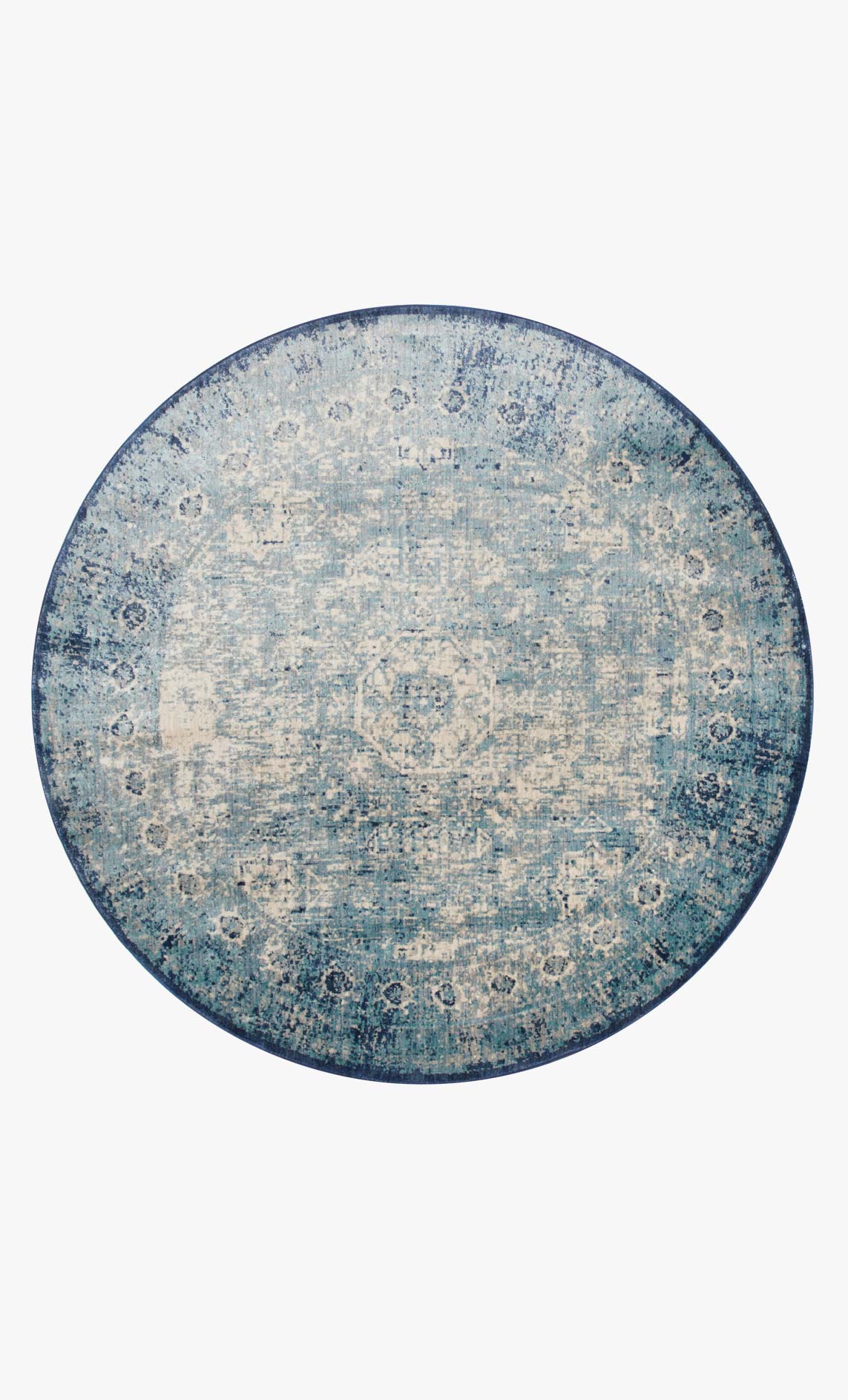 Light blue and ivory round rug with distressed geometric medallion pattern
