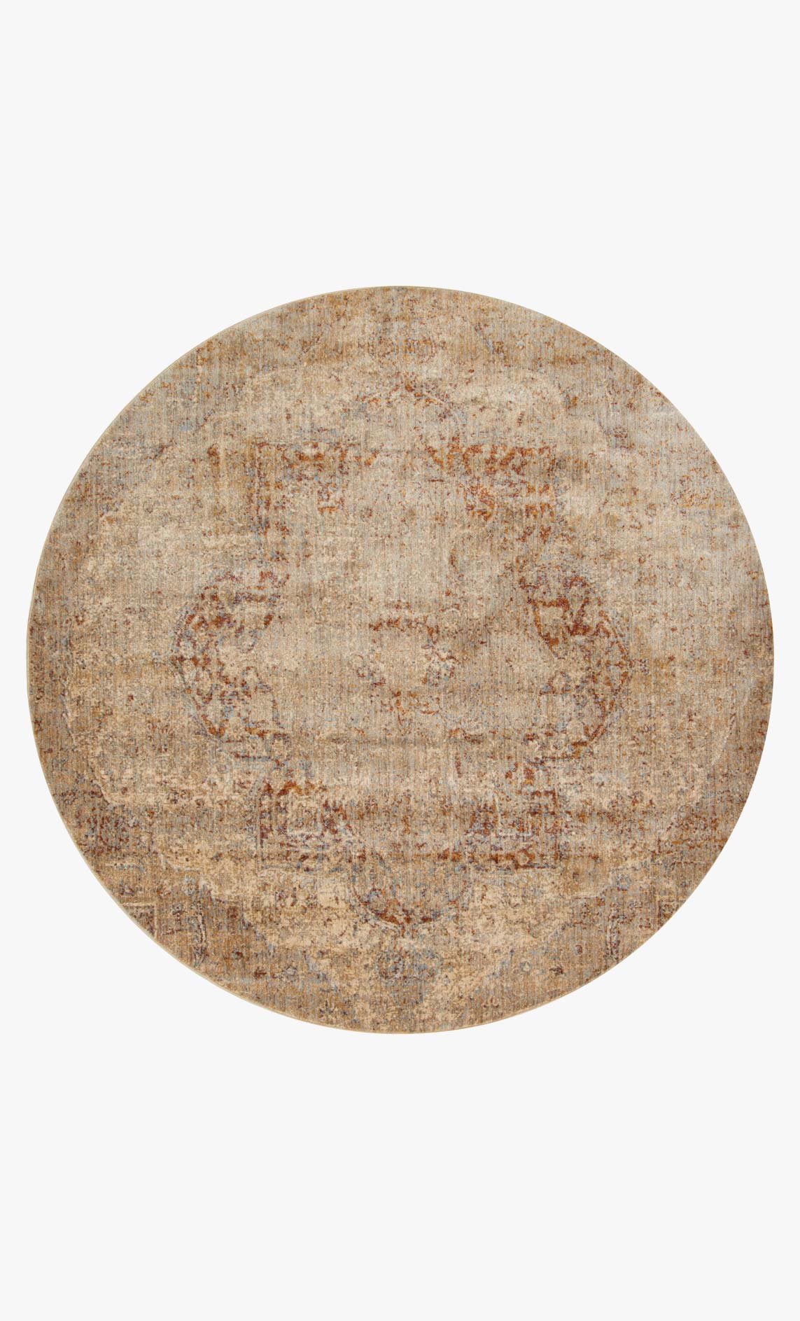 Round beige area rug with abstract distressed pattern and low, textured pile.