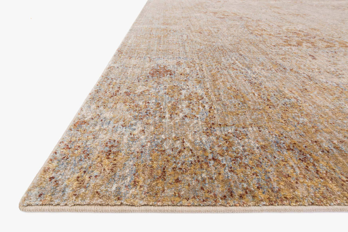Transitional power-loomed rug corner view, beige with multicolor distressed abstract weave