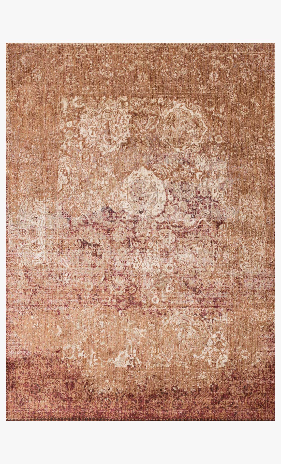 Transitional power loomed rug with copper and ivory distressed medallion pattern