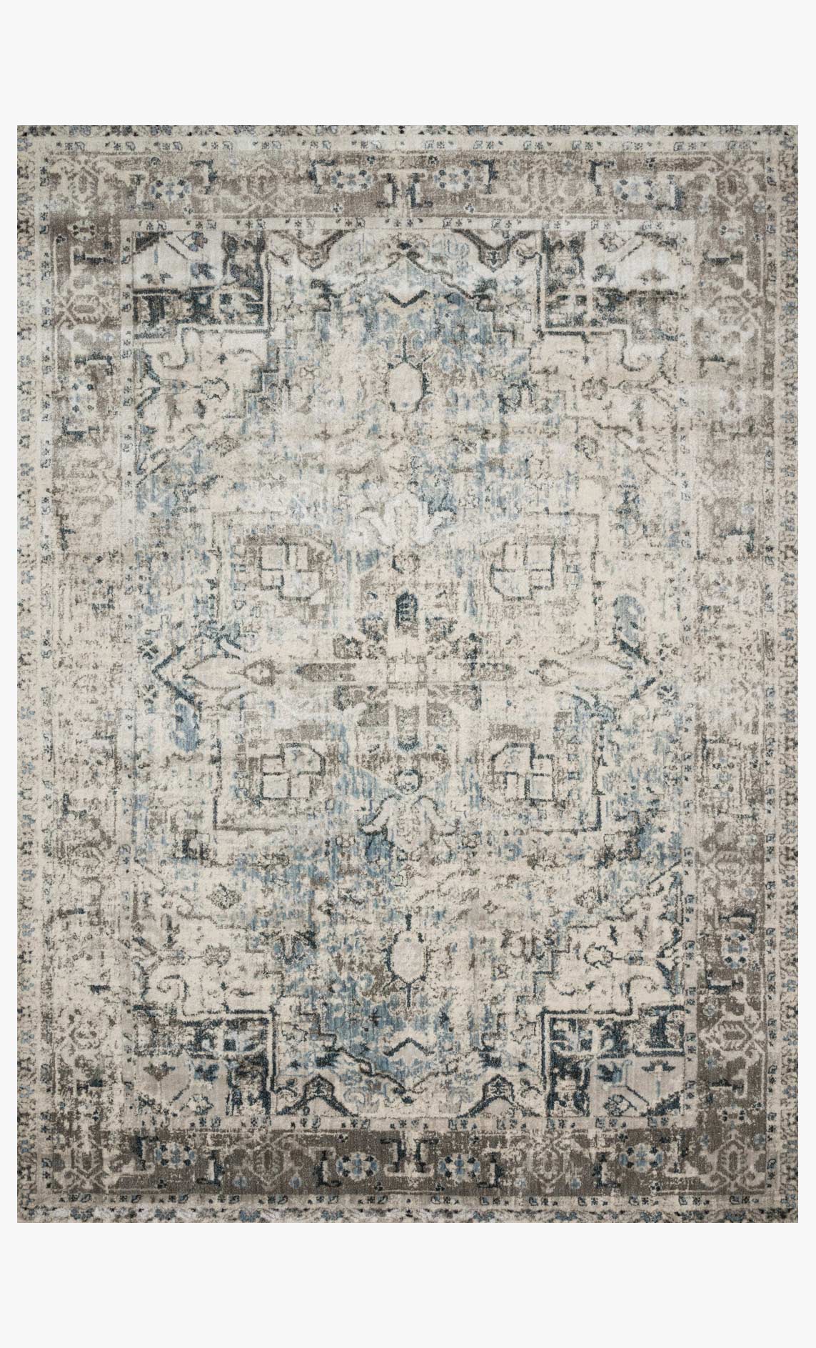 Transitional area rug with faded geometric mosaic pattern in blue and slate