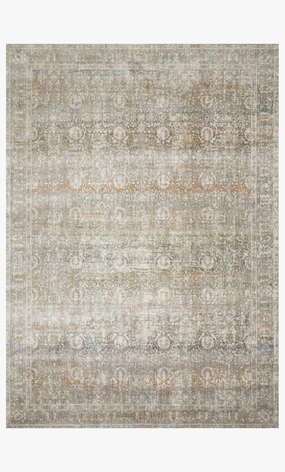 Grey transitional power-loomed rug with distressed medallion-style pattern